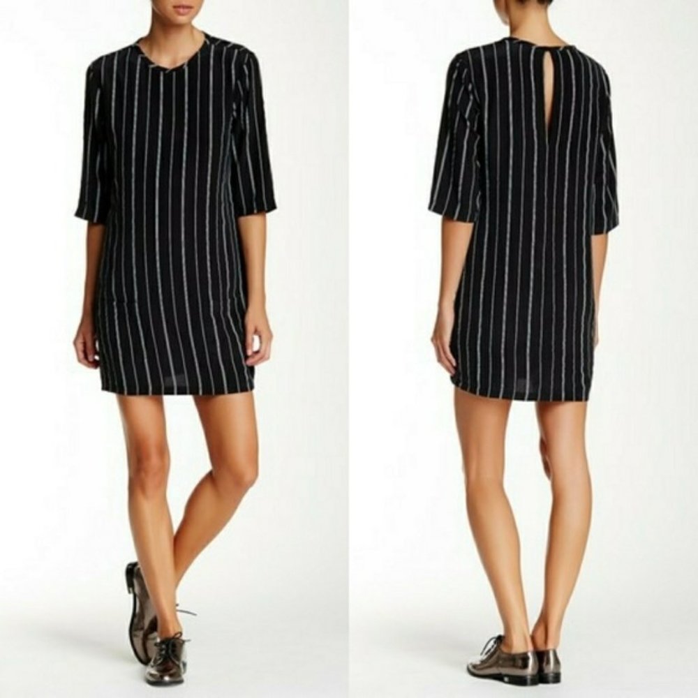 NWOT EQUIPMENT XS 0 Audrey Striped Silk Dress in Black, Shift Dress Pockets